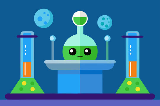 Cute cartoon alien creature in a science lab with bubbling beakers and planets in the background