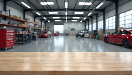 Empty wooden counter top foreground for product placement. Background shows clean auto repair shop interior with cars, tools, shelves. Provides ample space for advertising auto parts, service,