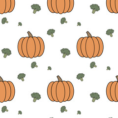 Seamless pattern with autumn pattern pumpkins and broccoli. Autumn botanical