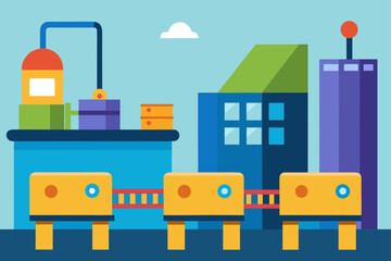 Obraz premium Flat design illustration of a modern factory with conveyor belts and industrial buildings under a clear sky