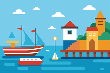 Obraz premium Colorful flat design illustration of a harbor with sailing boats a lighthouse and buildings on a sunny day