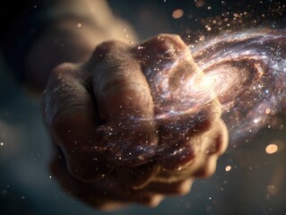 Fototapeta premium Close-up of a hand clenching into a fist containing a miniature swirling galaxy, illustrating the power of the cosmos in our hands