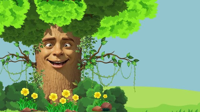 Fantasy animation illustration for children, talking tree speaking. Green tones to represent the lush tree environment. Ideal for storytelling videos, educational media, fairy tales, children's story