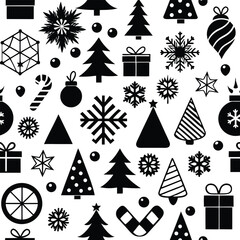 Festive Christmas Tree Seamless Pattern in black  and white .