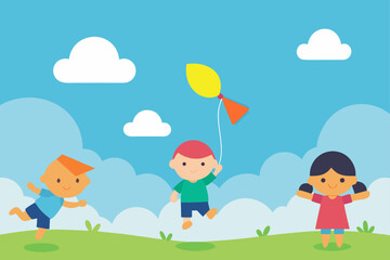 Naklejka premium Three diverse cartoon children joyfully playing together outdoors on a sunny day flying a kite