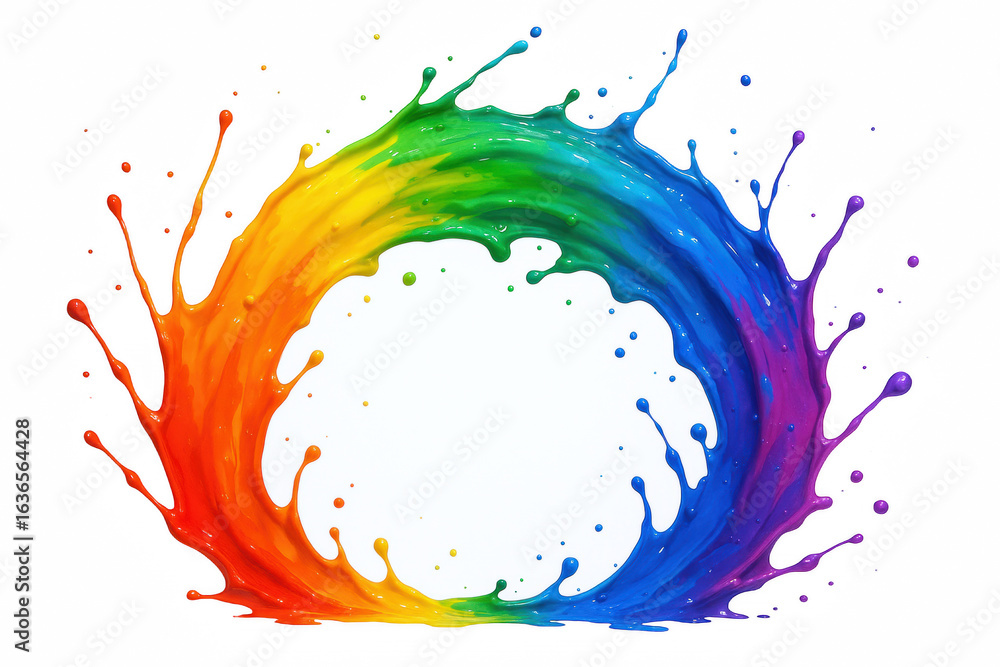 Poster vibrant rainbow paint splash forming a circular frame with dynamic droplets and splatters