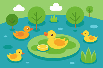 Cute cartoon ducks swimming in a pond with lily pads and trees under a blue sky with clouds
