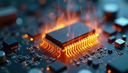 Close-up of a burning microchip, circuit board with glowing hot components and visible sparks. Technology failure, heat damage, and potential malfunction depicted on electronic hardware.