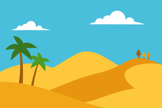 Stylized desert landscape with rolling sand dunes palm trees and a clear blue sky with clouds