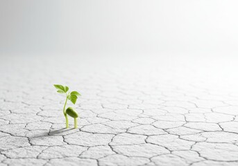 Seedling sprouting in cracked earth, arid landscape background; growth concept