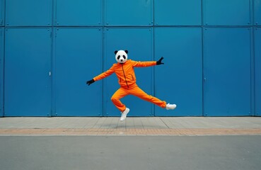Man in vibrant orange tracksuit and panda mask leaps with arms outstretched against a bright blue wall. His face is obscured, embodying a quirky, free-spirited energy with a humorous touch.