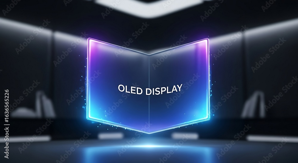 Poster a vibrant glowing foldable screen showcases advanced display technology in a futuristic setting