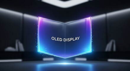 A vibrant glowing foldable screen showcases advanced display technology in a futuristic setting