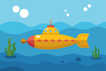 Obraz premium A bright yellow cartoon submarine with red accents sails through blue ocean waves with green seaweed and bubbles