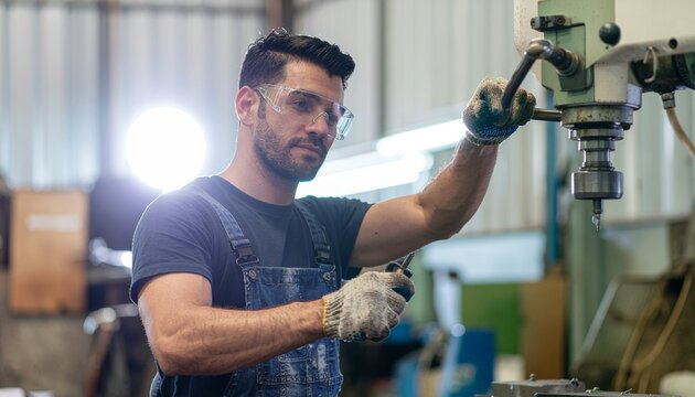 Skilled machinist operating a drill press in a workshop, wearing safety glasses and gloves