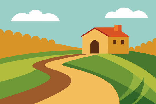 A charming stylized illustration of a solitary house nestled on rolling green hills under a clear blue sky with fluffy clouds