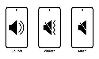 Phone and Speaker icons. Sound, vibrate, and mute. Flat vector style