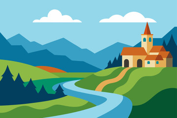 Idyllic european village with a winding river and majestic mountains under a clear blue sky