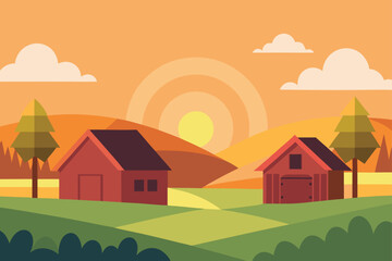 Naklejka premium Stylized flat illustration of two red barns nestled in rolling green hills at sunset