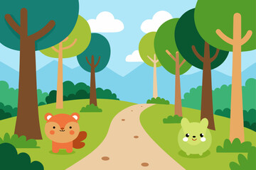 Naklejka premium Cute cartoon squirrel and bunny walk on a path through a vibrant forest with mountains in the background