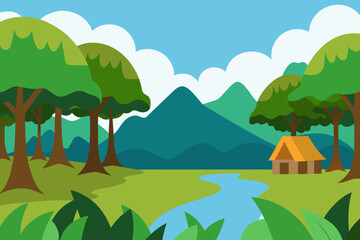 Fototapeta premium Idyllic cartoon landscape with a winding river flowing through a lush green forest towards distant mountains under a blue sky with white clouds