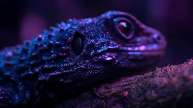 Close-up of vibrant blue lizard with textured skin under purple lighting.