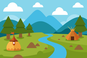 Fototapeta premium Stylized flat illustration of a serene natural landscape with mountains trees a winding river and indigenous dwellings