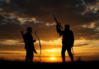 Obraz premium Sunset hunters silhouette, rifle, bow, savanna