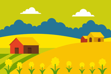 Fototapeta premium Vibrant flat illustration of a rural landscape with rolling yellow hills and farmhouses under a bright sky