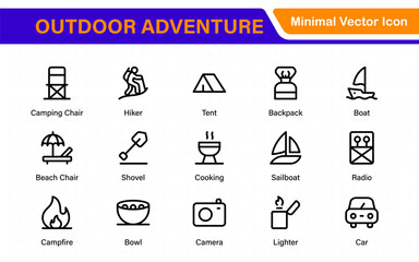 Outdoor Adventure Icon Pack – Includes scenic icons like camping tents, travel gear, forest trails, mountain peaks, sunsets, and nature views for wild and free projects.