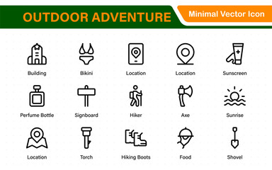 Outdoor Adventure Icon Pack – Includes scenic icons like camping tents, travel gear, forest trails, mountain peaks, sunsets, and nature views for wild and free projects.