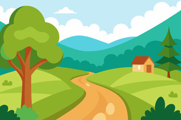 Obraz premium Idyllic countryside landscape with a winding dirt road leading to a small house nestled among rolling green hills and trees under a blue sky with clouds