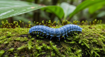 Close up of a Peripatus (velvet worm) crawling on a mossy log in the rainforest, Ecuador. 
