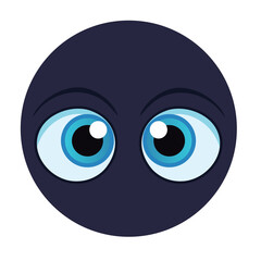 A black and blue face with blue eyes. The eyes are open. The face is looking at the camera