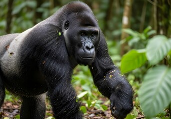 Obraz premium Close up of a Western Lowland Gorilla (Gorilla gorilla) walking in the African forest, Republic of the Congo. 