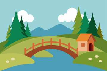 Fototapeta premium Charming cartoon landscape featuring a rustic wooden bridge over a blue river leading to a small house