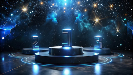 A Black Space With Hovering Podium Numbers And Glowing Lights Representing Achievement And Ranking