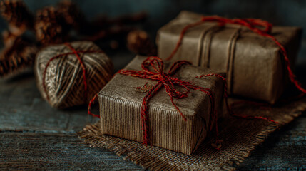 Brown paper wrapped gifts tied with red string, rustic and charming packaging, cozy festive vibe, high-resolution, professional stock photo style.