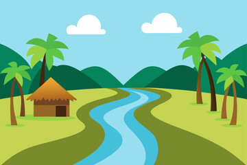 Fototapeta premium Idyllic tropical landscape with a winding river palm trees and a simple hut nestled among rolling green hills