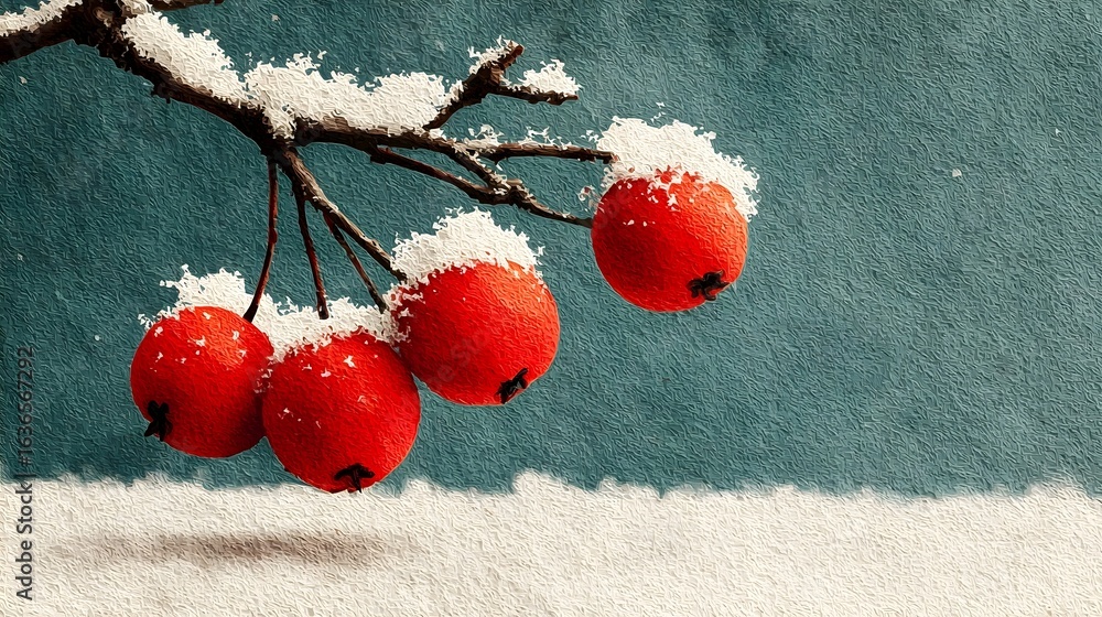 Poster striking contrast of vibrant red berries covered in a delicate layer of pristine snow on a bare wint