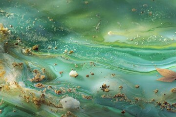 Abstract, vibrant, flowing liquid textures of greens, whites, and browns, with small debris