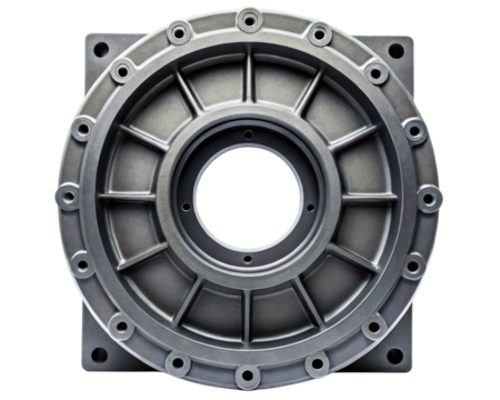 Heavy-duty industrial cast aluminum gearbox on a transparent background
