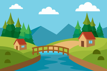 Naklejka premium Idyllic landscape featuring two charming houses connected by a wooden bridge over a flowing river