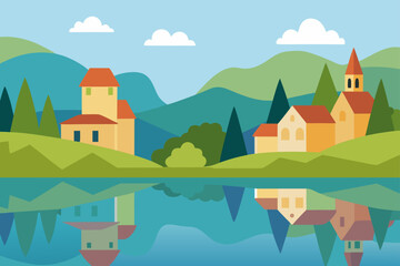 Charming european village with tall church tower reflected in calm lake waters