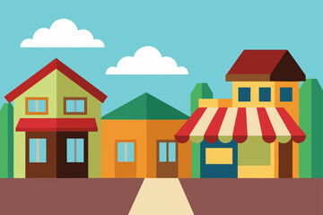 A charming flat design illustration of a row of colorful houses and a shop with a striped awning