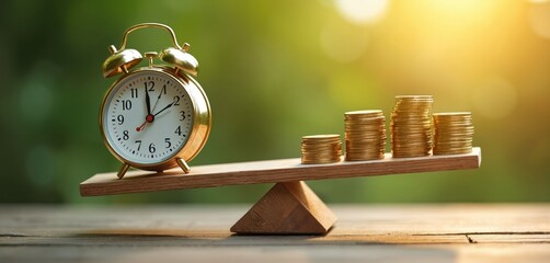 Golden alarm clock balances on wooden seesaw against stacks of coins. Time versus wealth, investment growth, financial planning. Concepts of productivity, strategy, resource management key.