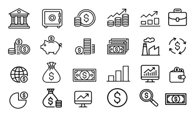 Collection of financial and business line art icons on white background bank building