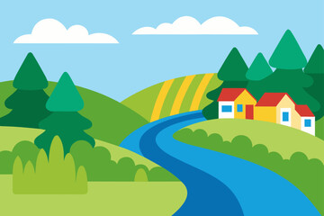 Fototapeta premium Charming cartoon landscape with rolling green hills a winding blue river and quaint houses nestled among trees
