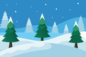 Obraz premium Stylized winter landscape with snow covered evergreen trees and falling snowflakes
