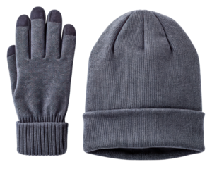 Gray knit winter beanie hat and matching touchscreen gloves on a transparent background